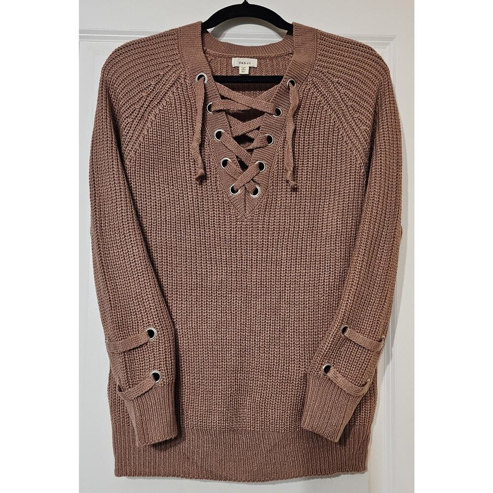 Debut Women’s Knit Sweater M/L Pink Lace Up Pullover Chunky Knit Long Sleeve...